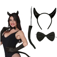 Tenue de diablesse noire avec diadème, noeud papillon et queue