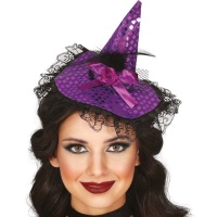 Bandeau de chapeau de sorcière miniature lilas avec noeud et dentelle