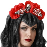 Bandeau de Catrina avec fleurs et os rouges